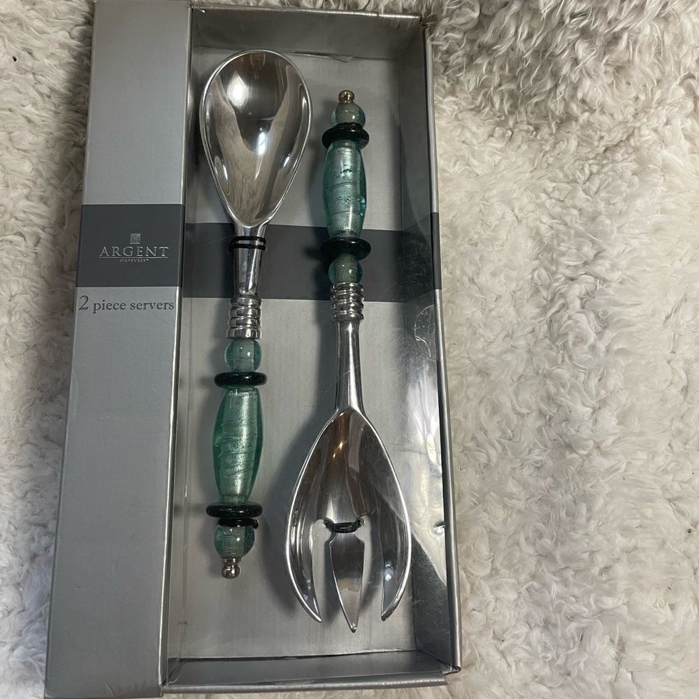 NIB Argent Orfevres Stainless Steel Ornate Plastic Handle two piece Servers